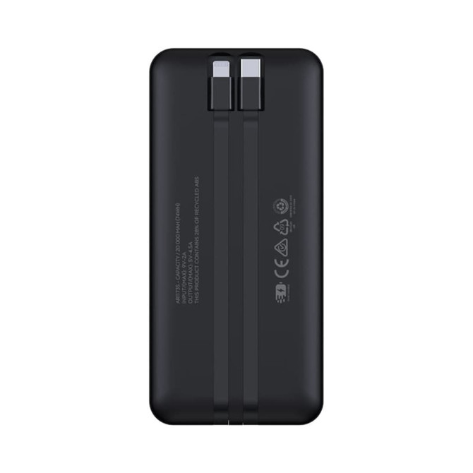 A black power bank with dual charging ports, featuring a sleek design and a manufacturer's logo.