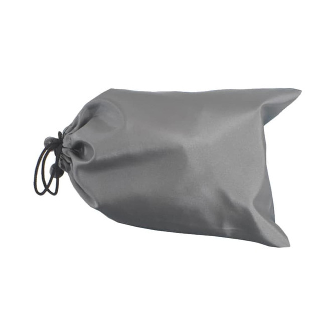 A grey drawstring pouch for storing the Hal Bluetooth Eye Mask, made from a smooth material.