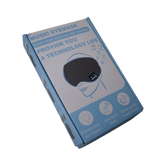 A blue box containing a Bluetooth eye mask with a logo, featuring a sleek design and illustrations.