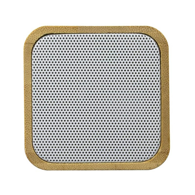 A square bamboo wireless speaker featuring a white mesh front and a natural bamboo frame. It has a logo.