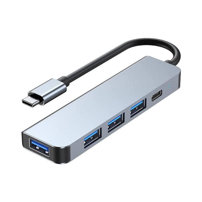 A silver Type-C hub with four USB ports and a flexible connection cable. It features a sleek, modern design.