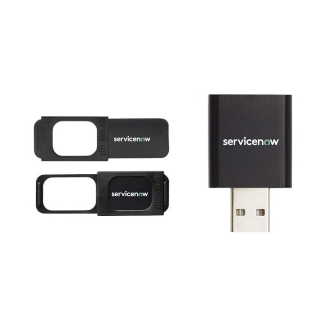 A black USB flash drive with two privacy covers, featuring a logo on the surface.