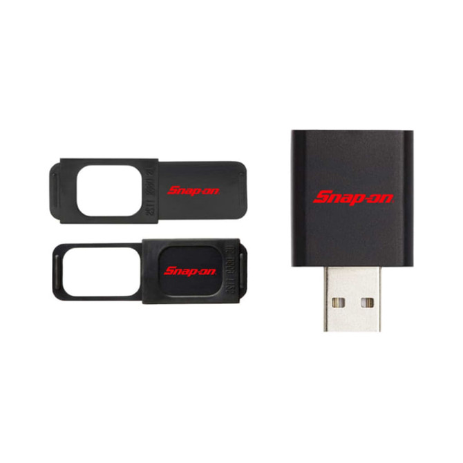 A black USB webcam cover with two sliding caps, featuring a logo.