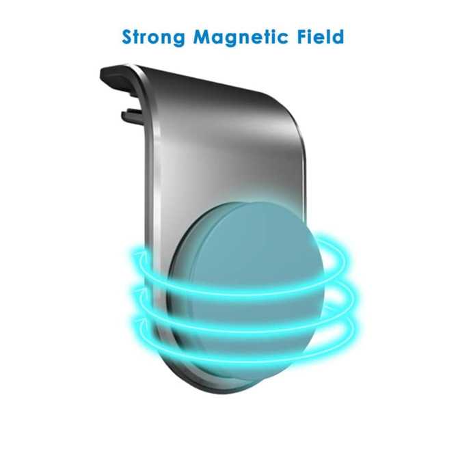 A metallic car phone holder with a blue magnetic disc and a sleek design, featuring a logo.