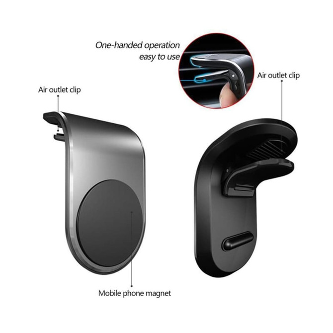 A magnetic car phone holder in black and silver features an air outlet clip for easy one-handed operation.