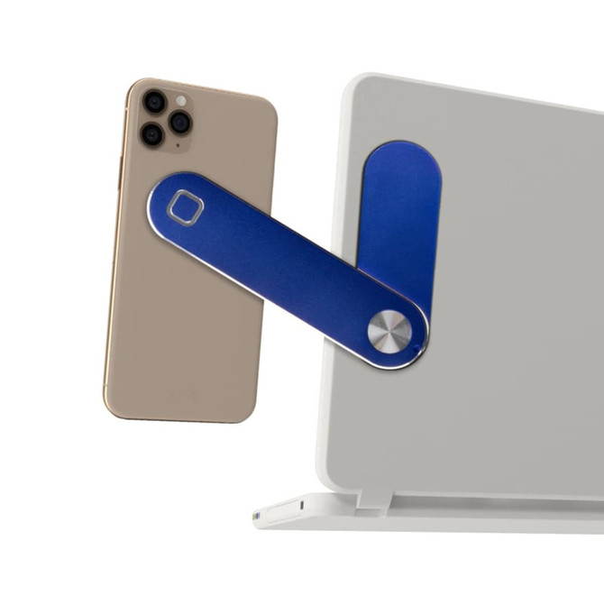 A blue laptop extension arm is displayed, holding a gold phone against a light laptop. The arm features a metallic accent.