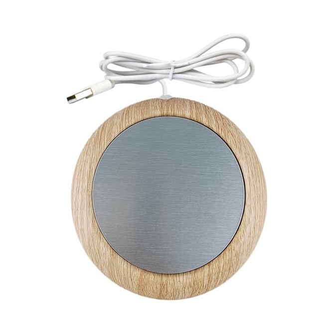 A round USB cup warmer with a wooden exterior and a silver heating surface, featuring a connected cable.