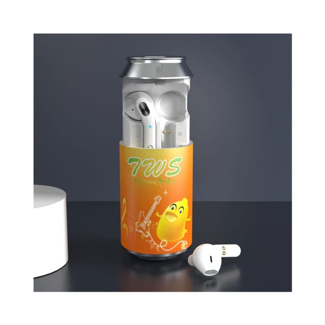 A promotional image featuring white Cannery TWS Earbuds placed inside a decorated drink can.