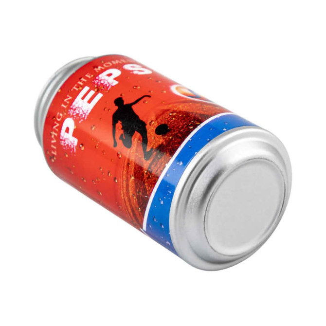 A can featuring a vibrant red design with a graphic of a person playing sport, topped with a silver lid.