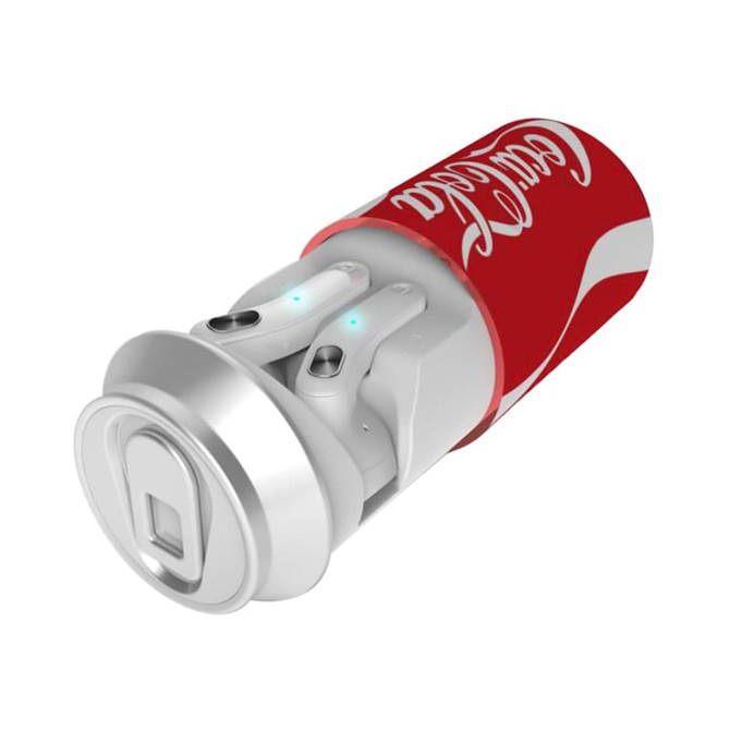 A red drink can with white details containing Cannery TWS earbuds inside. The earbuds have small LED indicators.