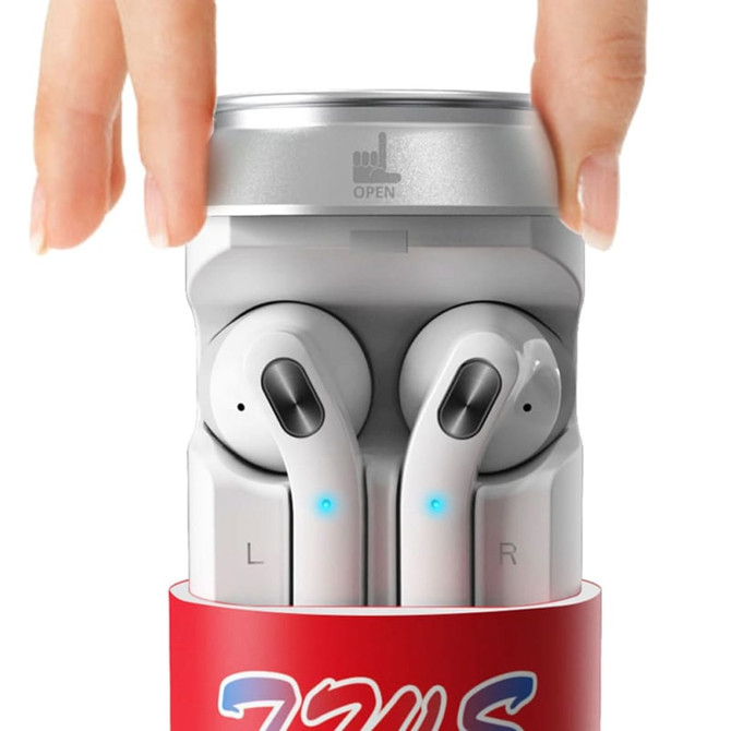 A pair of white Cannery TWS Earbuds housed within a red and silver drink can-shaped case.