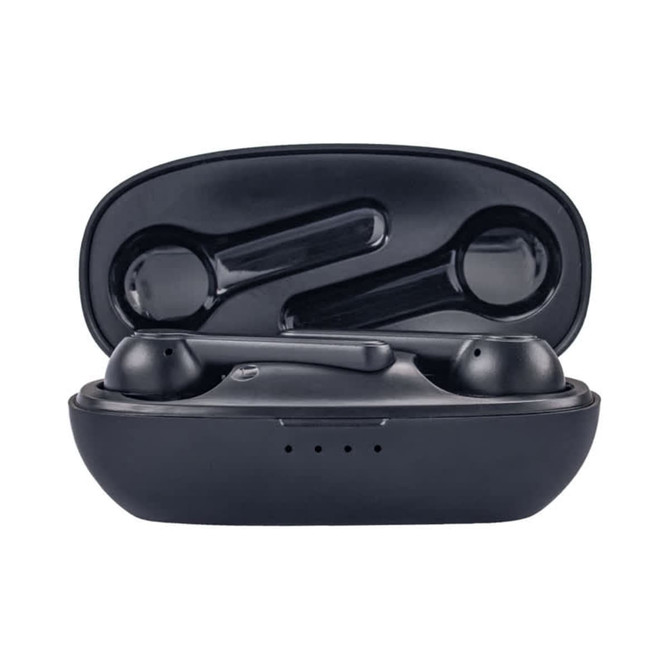 A pair of black wireless earbuds in a charging case with a sleek design and a logo on the case.