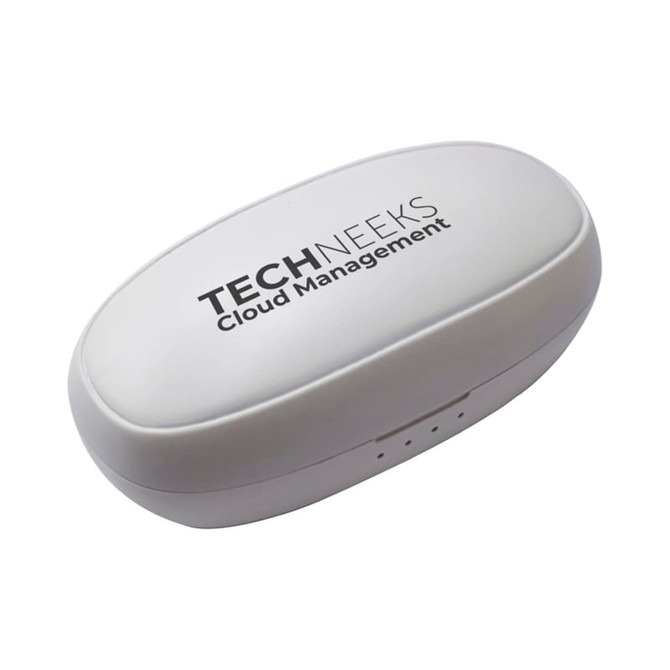 A white charging case for earbuds featuring a logo, with a smooth oval shape and ventilation holes.