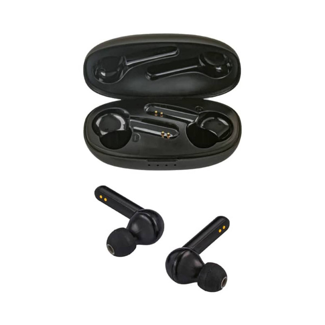 Black Leeds TWS earbuds with a charging case, featuring an interior layout for storage.