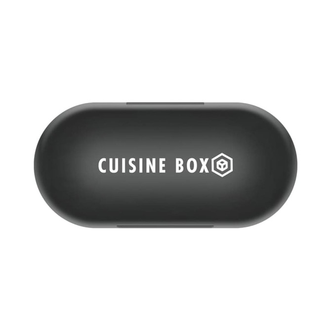 A black earbud charging case featuring a logo on top, designed for wireless earbuds.