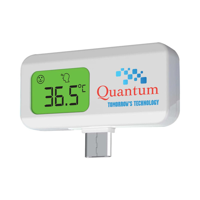 A white thermometer with a green screen displaying a temperature reading. It features a logo on the side.