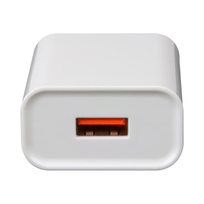 A white USB wall charger with a single USB port, featuring an orange connector. It has a logo on the side.