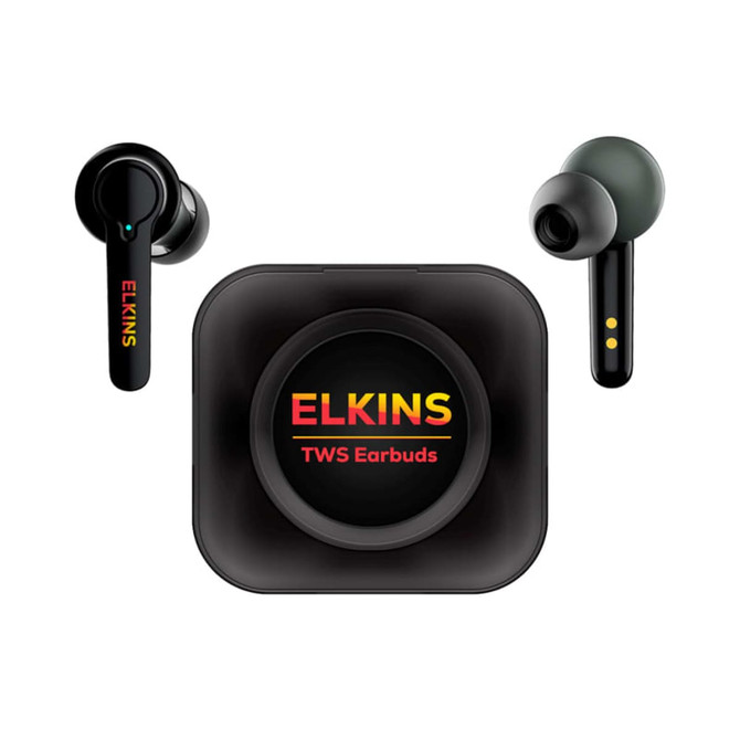 Active noise cancelling TWS earbuds in black with a charging case, featuring a logo and multi-coloured branding.