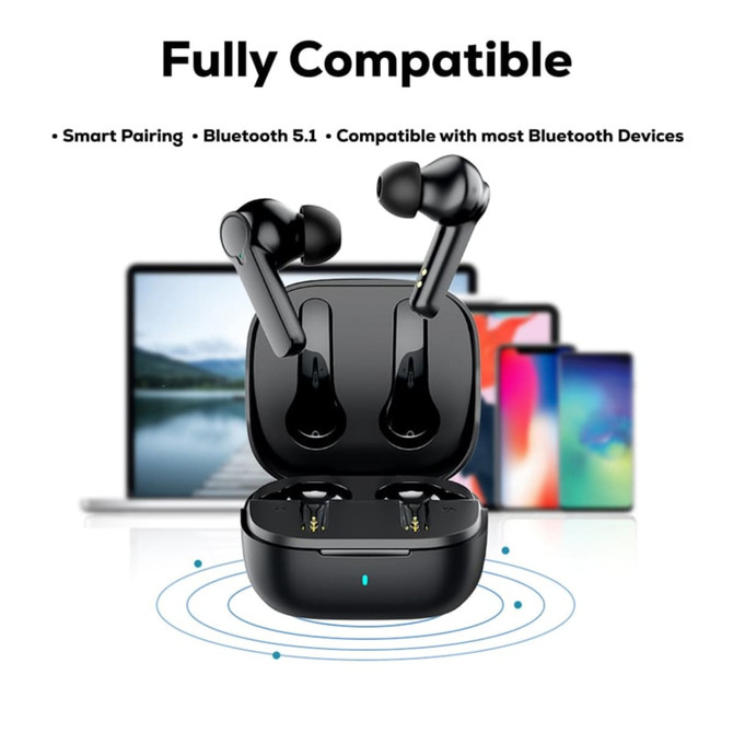 Active noise cancelling TWS earbuds in black, positioned in their charging case, with devices in the background.