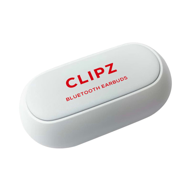 A white charging case for Clipz TWS earbuds, featuring a logo on the lid.