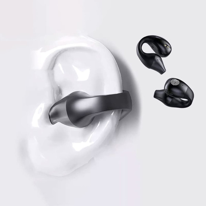 Two black Clipz TWS earbuds displayed against a light background, showing their design and form.