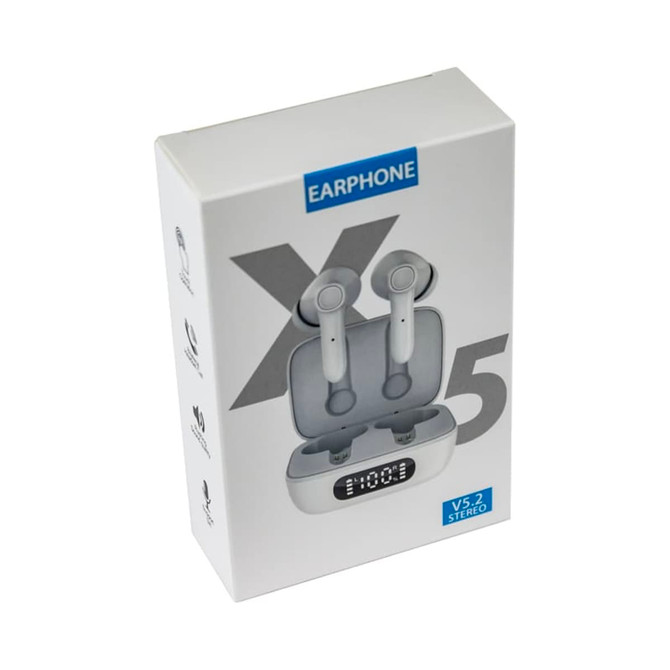 A white box containing Thorpe TWS earbuds, featuring a charging case with a display and a logo.