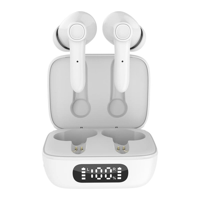 White Thorpe TWS earbuds positioned in their charging case, featuring a digital display.