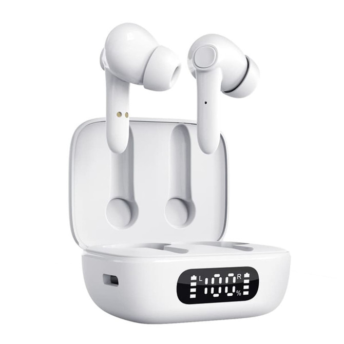 White Thorpe TWS earbuds placed in their charging case, featuring a digital battery percentage display.