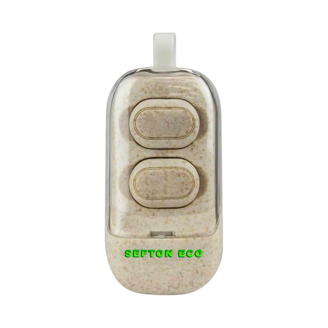 A pair of beige eco-friendly TWS earbuds in a transparent charging case, featuring a logo on the front.