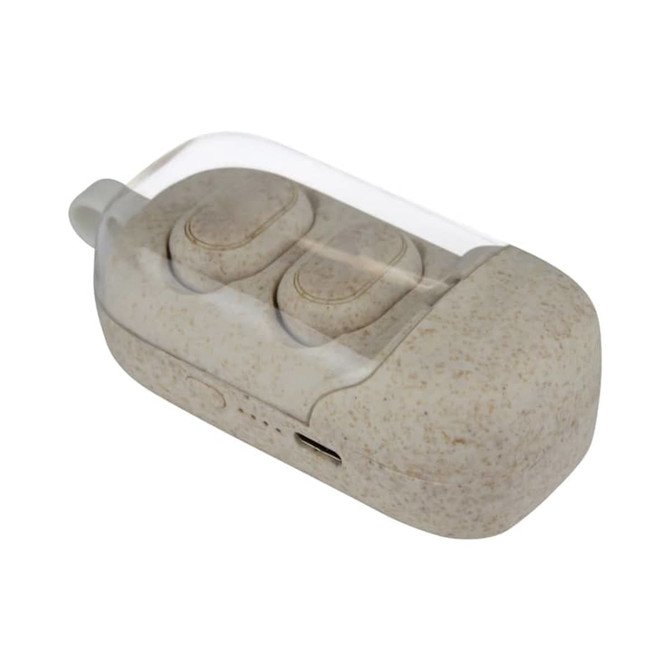 Eco-friendly beige earbuds in a transparent case, featuring a logo.