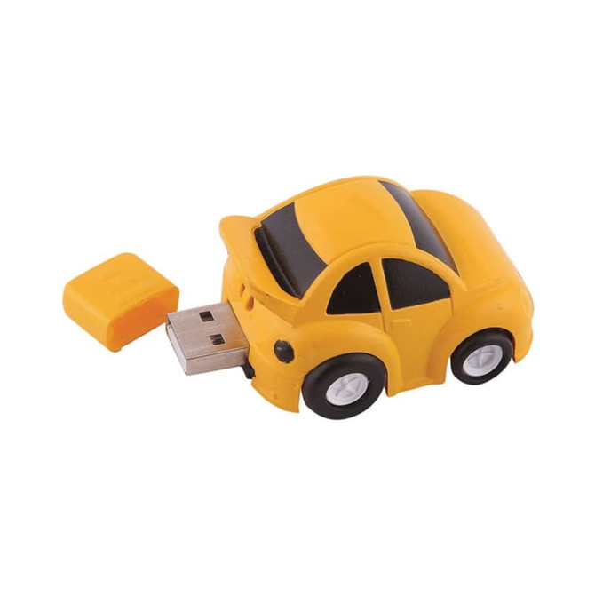 A yellow car-shaped flash drive with a removable cap, featuring black stripes and white wheels.