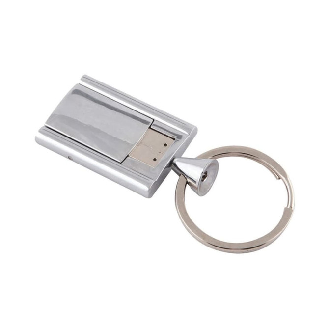 A silver Chrome Flip Flash Drive with a keyring attachment for easy portability.