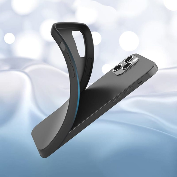 A black TPU iPhone case with an integrated stand, featuring a logo and a sleek design against a soft background.