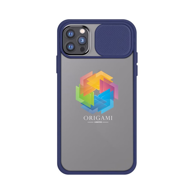 A grey iPhone case with a navy blue border and a geometric design featuring bright colours, including yellow and pink.