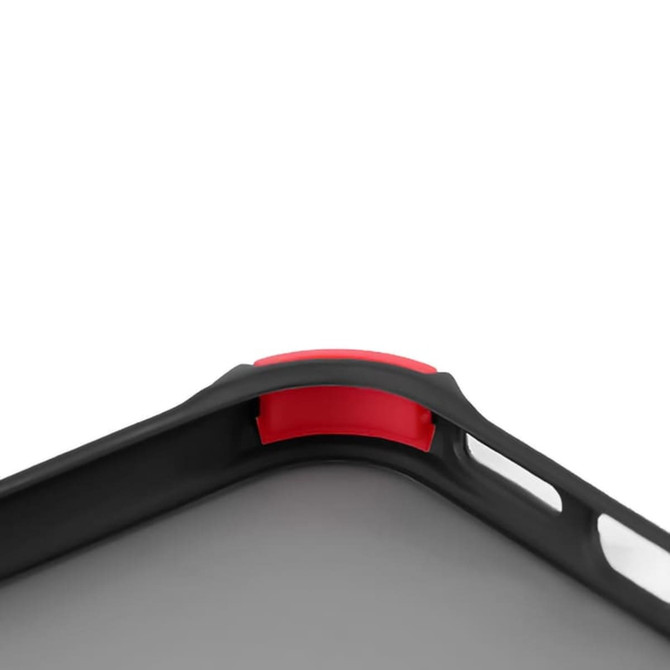 A close-up of a black rugged iPhone case featuring a red accent detail and textured grip.