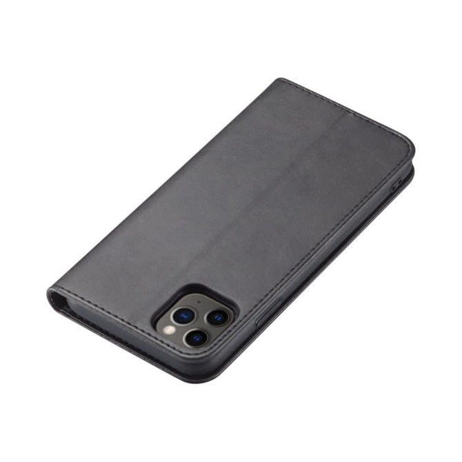 A black folio iPhone case with a textured surface, featuring openings for camera and ports, and a branding logo.