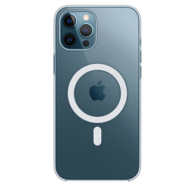A transparent blue iPhone case featuring a circular MagSafe logo on the back, with camera cutouts visible.