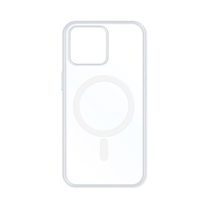 A transparent white MagSafe iPhone case featuring a circular magnetic area. The case has a minimalistic design.