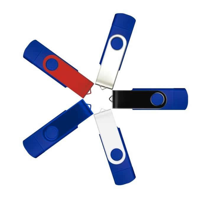 A collection of Mix N Match Type-C flash drives in blue, red, black, and white, featuring a logo on each drive.