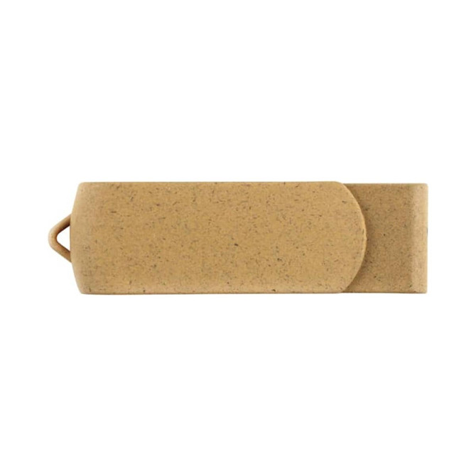 An eco-friendly swivel flash drive in a natural brown colour, featuring a logo on its surface.