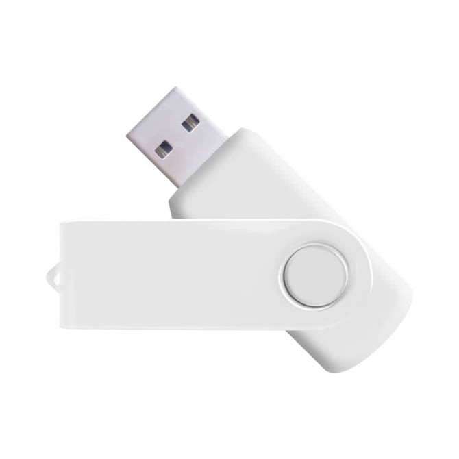 A white flash drive with a swivel design and a logo, featuring a USB connector on one end.
