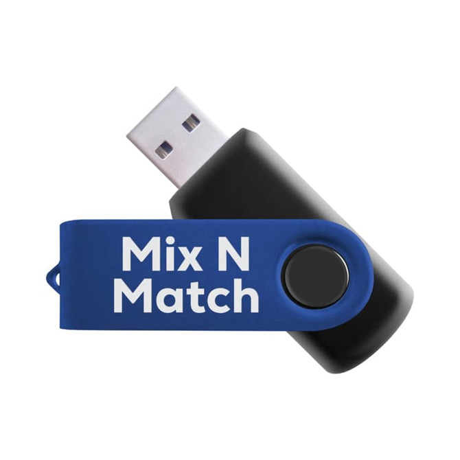 A blue and black flash drive featuring a swivel design and a logo.