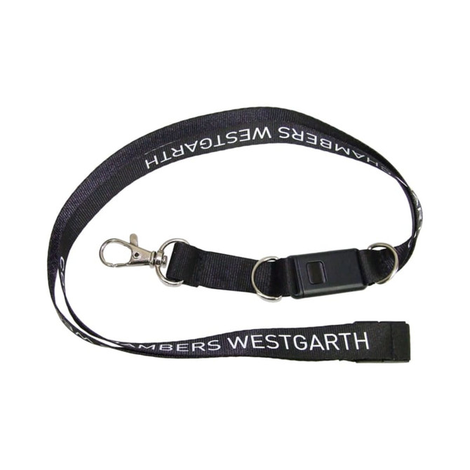 A black conference lanyard with a clip and a breakaway buckle, featuring a logo along its length.