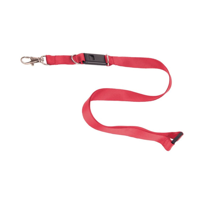 A red lanyard with a metal clip and buckle, designed to hold a USB flash drive. It features a simple, functional design.