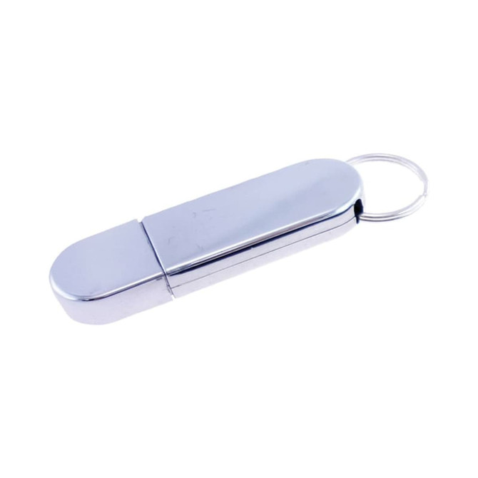 A silver flash drive with a sleek design and a keyring attachment. It has a smooth metallic finish.