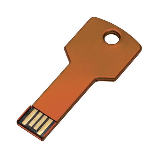 An orange USB key COB flash drive shaped like a key, with a metal finish and a hole for attaching a keyring.