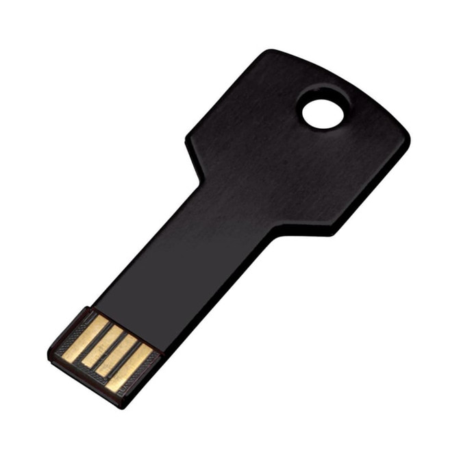 A black USB flash drive shaped like a key, featuring a small hole for attachment and a simple design.