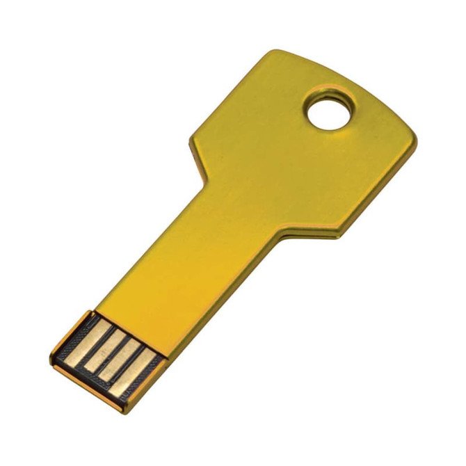 A yellow USB key COB flash drive shaped like a key, featuring a metallic finish and a hole for attachment.