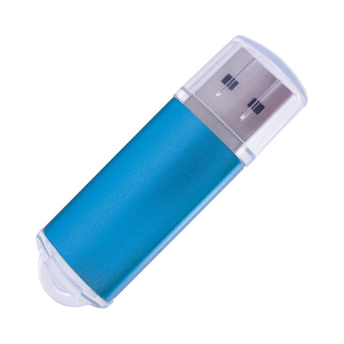 A blue flash drive with a transparent casing, featuring dual connectors.