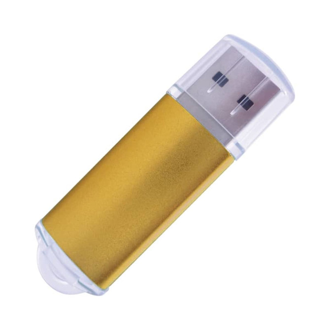 A gold flash drive with a clear cap, featuring a metallic finish and a USB connector.